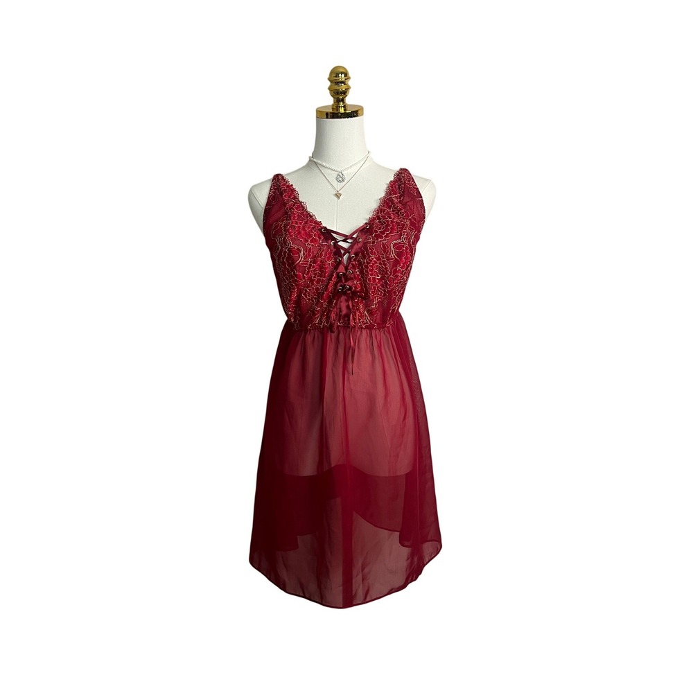 Cacique Red Lace Babydoll Chemise Nightgown Gold Embroidery Plus Size 18/20‎